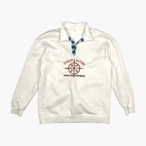 Ocean River Embroidered Compass Collared Pullover Sweatshirt (White | Size S)
